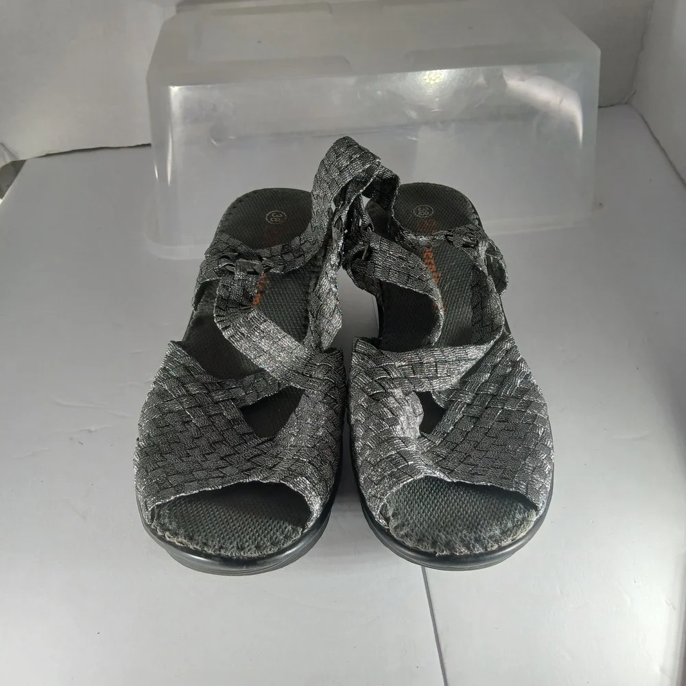 Bernie Mev Wedge Sandals 38 Silver Black Metallic Woven Elastic Platform Comfort